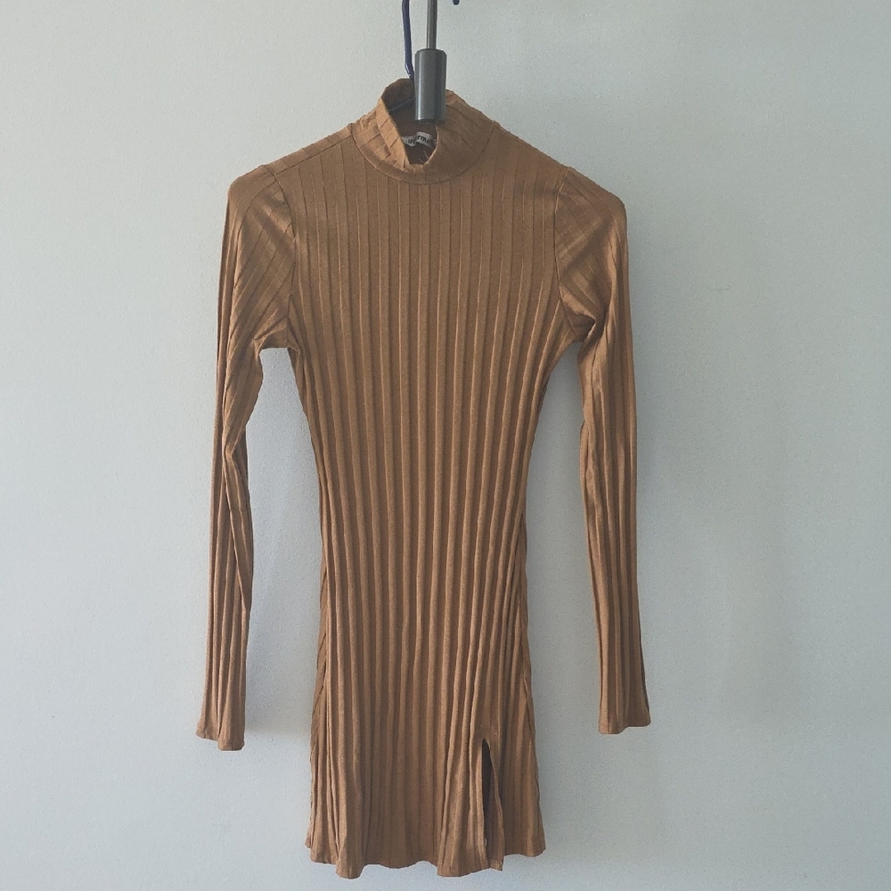 Reformation Tan Ribbed Long Sleeve Dress